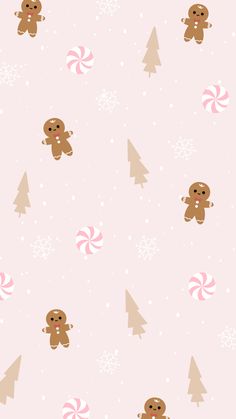 a pink background with gingerbreads and candy canes