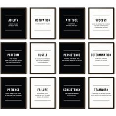 six black and white business cards with the words'motivation'in each one corner