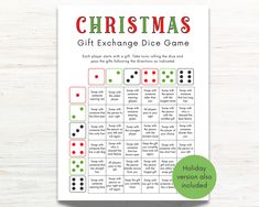 a christmas gift exchange dice game on a wooden table with green and red polka dots