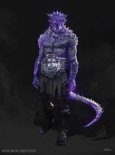 a purple creature standing in the dark with his hands on his hips and legs crossed