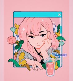 an anime character with pink hair holding a glass in front of her face and looking at the camera