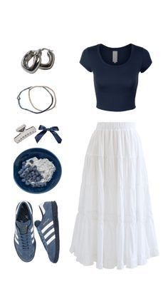 #fashiontips #fashionideas #fashiontiktok Silver Streamers, Blue Adidas Shoes, Blue Skirt Outfits, Navy Blue Adidas, Modest Girly Outfits, White Skirt Outfits, Rok Outfit