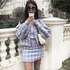 Size M, Fits More As A S 2 Pieces Romantic Baby Blue Beige Cream Match Mini Skirt Jacket Glen Plaid Set It Has Never Been Used The First Picture Does Not Correspond With The Real Product