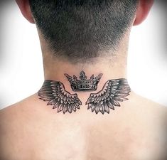 a man with a crown and wings tattoo on his neck