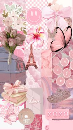 a collage with pink and white flowers in the middle, butterflies on top of it