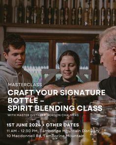 a group of people sitting around a table with bottles on it and the words craft your signature bottle - blending class