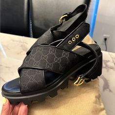 Gucci Sandals Leather Canvas Authentic New Gucci Luxury Sandals With Branded Insole, Gucci Ankle Strap Leather Sandals, Gucci Leather Flat Sandals, Gucci Leather Sandals Flat Heel, Designer Gucci Sandals With Open Heel, Luxury Gucci Sandals With Heel Strap, Gucci Black Leather Sandals, Black Gucci Leather Sandals, Gucci Luxury Sandals With Leather Sole