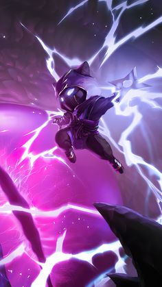 an animated character is flying through the air in front of purple and blue lightnings