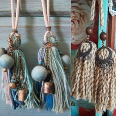 two pictures one with tassels, the other with beads and chains hanging from hooks