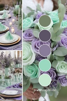 the table is set with purple and green flowers in vases, plates, and candles