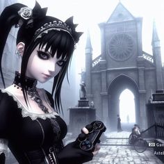 a woman holding a video game controller in front of a building with a clock tower