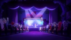 a stage with people sitting on it and lights shining down the center, surrounded by purple drapes