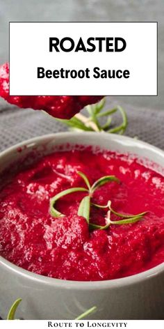 roasted beetroot sauce in a white bowl on a gray tablecloth with text overlay