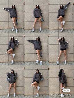 multiple photos of a woman leaning against a wall with her legs crossed and wearing white sneakers