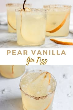 pear vanilla gin fizz cocktail in glasses with orange slices on the rim and text overlay