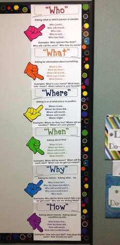 a bulletin board with colorful writing on it that says who, what, where and why