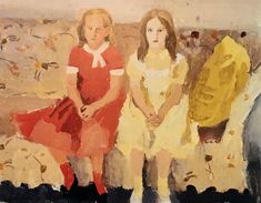 an oil painting of three children sitting on a bench