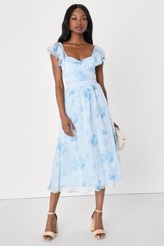 Light Blue Floral Dress, Spring Wedding Guest Dress, Summer Wedding Guests, Summer Wedding Outfits, Midi Ruffle Dress, Summer Wedding Dress, Ruched Bodice, Blue Bridesmaids, Pleated Maxi Dress