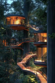 a tree house in the middle of a forest with stairs leading up to it's upper floors