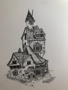 an ink drawing of a house with a tower and two stories on the top floor