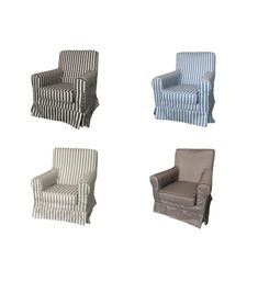 four different striped chairs in various colors and patterns, all with matching covers on them