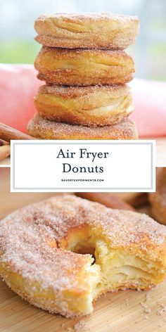 an air fryer donut with powdered sugar on top and the words air fryer donuts above it