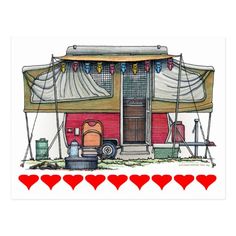 a drawing of a red and white trailer with curtains on the top, next to a fire hydrant