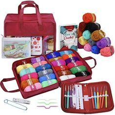 the knitting kit is packed with yarn, needles and crochet hooks