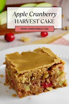 a piece of apple cranberry harvest cake on a white plate with the title above it