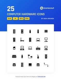 the 25 computer hardware icons are shown in black and white