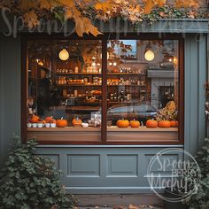 a store front with many pumpkins in the window