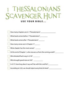 FREE 1 Thessalonians Bible Scavenger Hunt - Children's Ministry Deals Bible Scavenger Hunt, Bible Games For Kids, Youth Bible Lessons, Homeschool Adventures, Bible Study Activities, Kids Worship, Verses For Kids, Childrens Ministry Curriculum, Sunday School Games