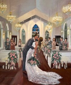 a painting of a bride and groom kissing in front of their guests at a wedding