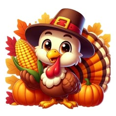 a turkey wearing a pilgrim hat and holding a corn on the cob with leaves around it