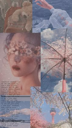 a collage of photos with an umbrella and flowers in the sky, trees, and clouds