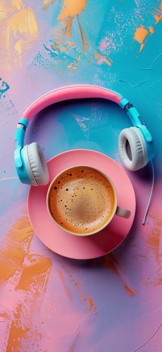 a cup of coffee with headphones sitting on a saucer in front of a colorful background