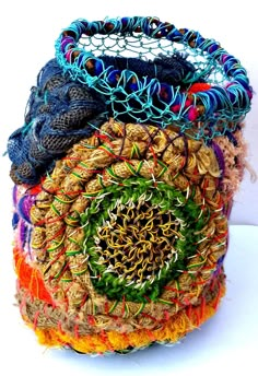 there is a multicolored basket with yarn on it