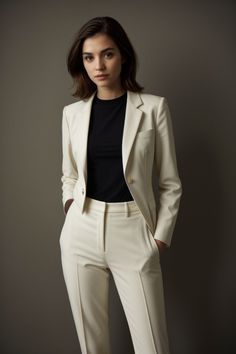 a woman in a white suit and black top posing for the camera with her hands on her hips