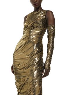 This Dolce & Gabbana midi dress features a crew neck, sleeveless bodice and knee-length silhouette. It has a concealed back zipper closure and comes with matching gloves. Ethereal Fabric, Book Ideas Writing, Glove Sleeves, Organza Midi Dress, Gloves Dress, Gold Organza, Dress With Gloves, Satin Corset Dress, Calf Length Dress