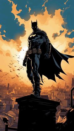 a batman standing on top of a roof in front of a cityscape at sunset