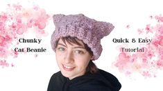 a woman wearing a purple hat with flowers on it and the words chunky, cat beanie