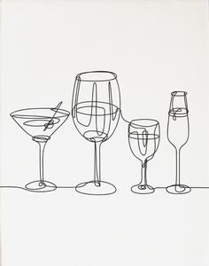 three wine glasses are lined up in a row, one is empty and the other has half full