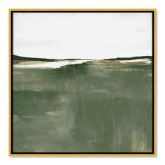 an abstract painting in green and white with black frame on the wall next to it