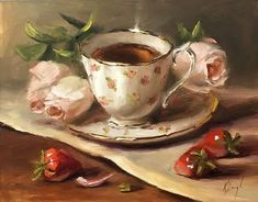 a painting of a cup of coffee and some strawberries