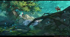 an animated scene with some animals in the woods