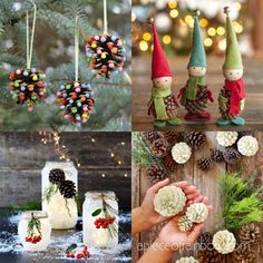 christmas decorations made out of pine cones and other items