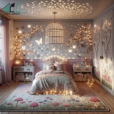 a bedroom decorated in pink and white with fairy lights