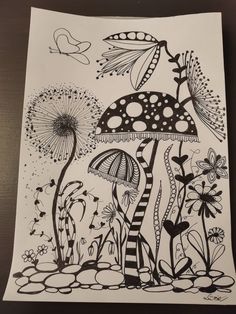 a black and white drawing of a mushroom with dandelions in the foreground