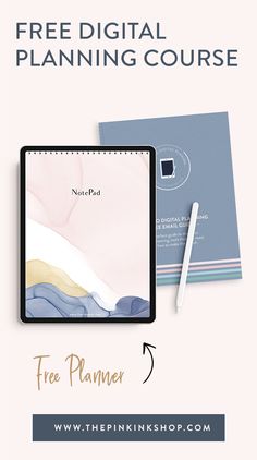 an ipad and notebook with the text free digital planning course