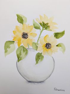 watercolor painting of yellow flowers in a white vase with green leaves on the side